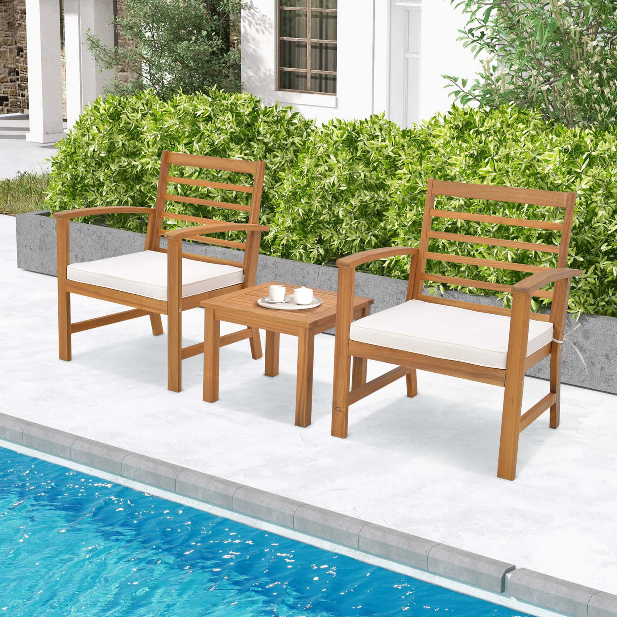 Alt View 3. Costway - Costway 3 PCS Outdoor Furniture Set Acacia Wood Conversation Set with Soft Seat Cushions - White.