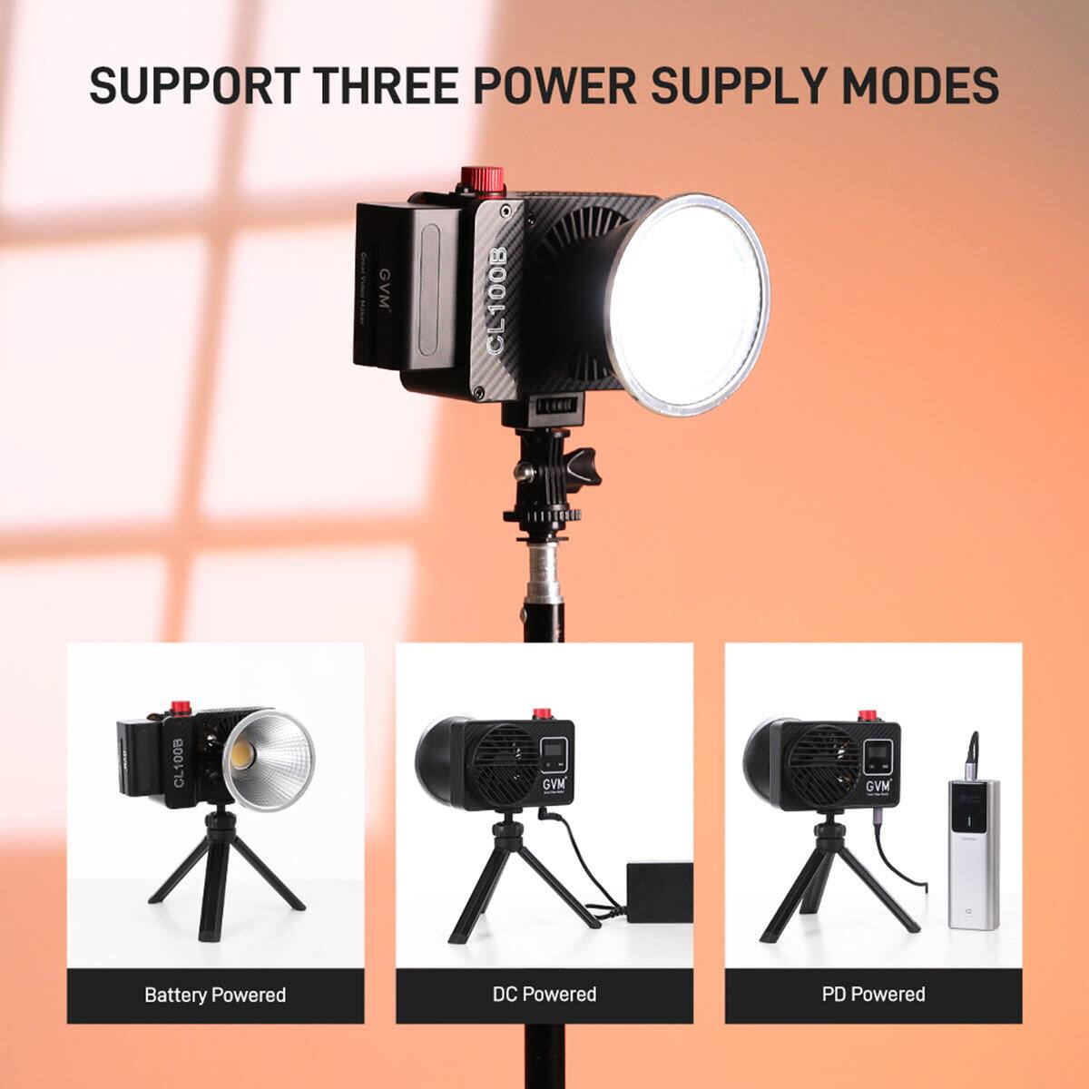 SUPPORT THREE POWER SUPPLY MODES  
GVM CL100B  
GVM GL100B  
GVM  
Battery Powered  
DC Powered  
PD Powered