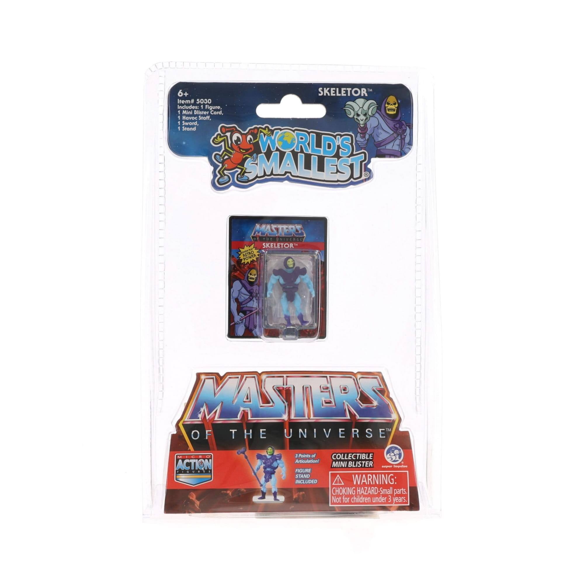 6+ SKELETOR™ Item: 5030 Includes: - Figure, 1 Mini Blister Card - Raved Smart, 1 Sword - 1 Stand WORLD'S SMALLEST MASTERS OF THE UNIVERSE SKELETOR™ ACTION FIGURE COLLECTIBLE MINI BLISTER HULIRE SIAND INCLUDED WARNING: CHOKING HAZARD - Small parts. Not for children under 3 years.