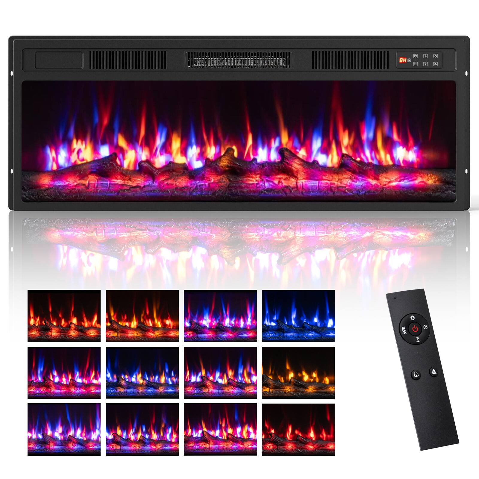 Costway - 36 Inch Recessed Electric Fireplace Heater with Adjustable Flame Colors, Brightness - Black 36 inch