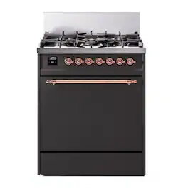 ILVE - Nostalgie II Series 30 in. Dual Fuel Range with 5 Sealed Burners (Liquid Propane, Copper Trim) - Graphite Matte