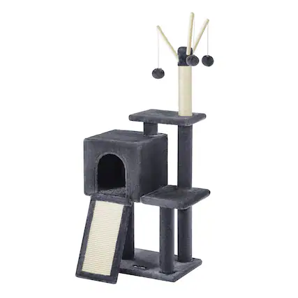 Front. Songmics Home - Cat Tree, Small Cat Tower for indoor Cats, Kittens, Multi-Level Plush Cat Condo, 16.5 x 12.6 x 46.5 Inches - Smoky Gray.