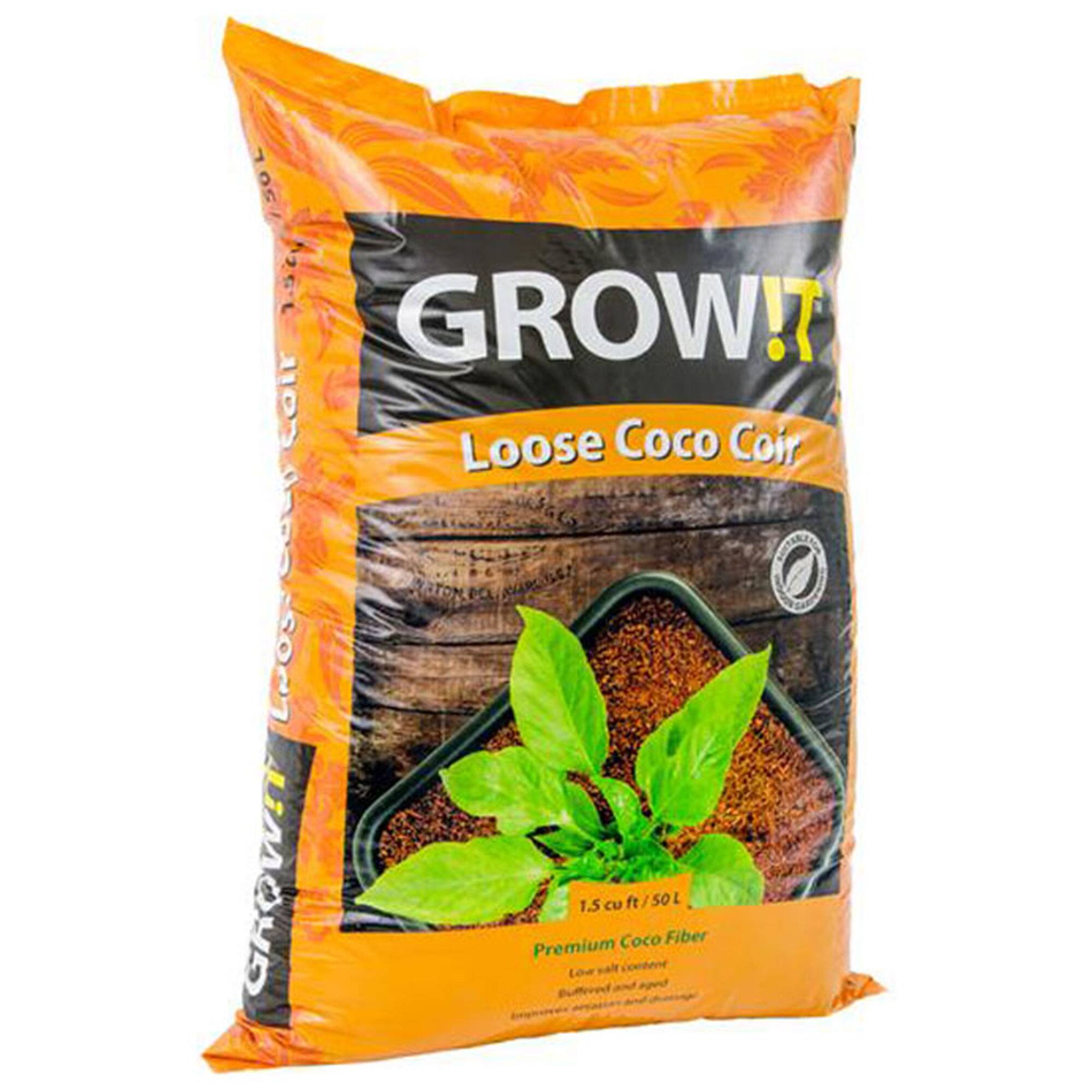 GROW!T  
Loose Coco Coir  
1.5 cu ft / 50L  
Premium Coco Fiber  
Low salt content  
Sterilized and aged