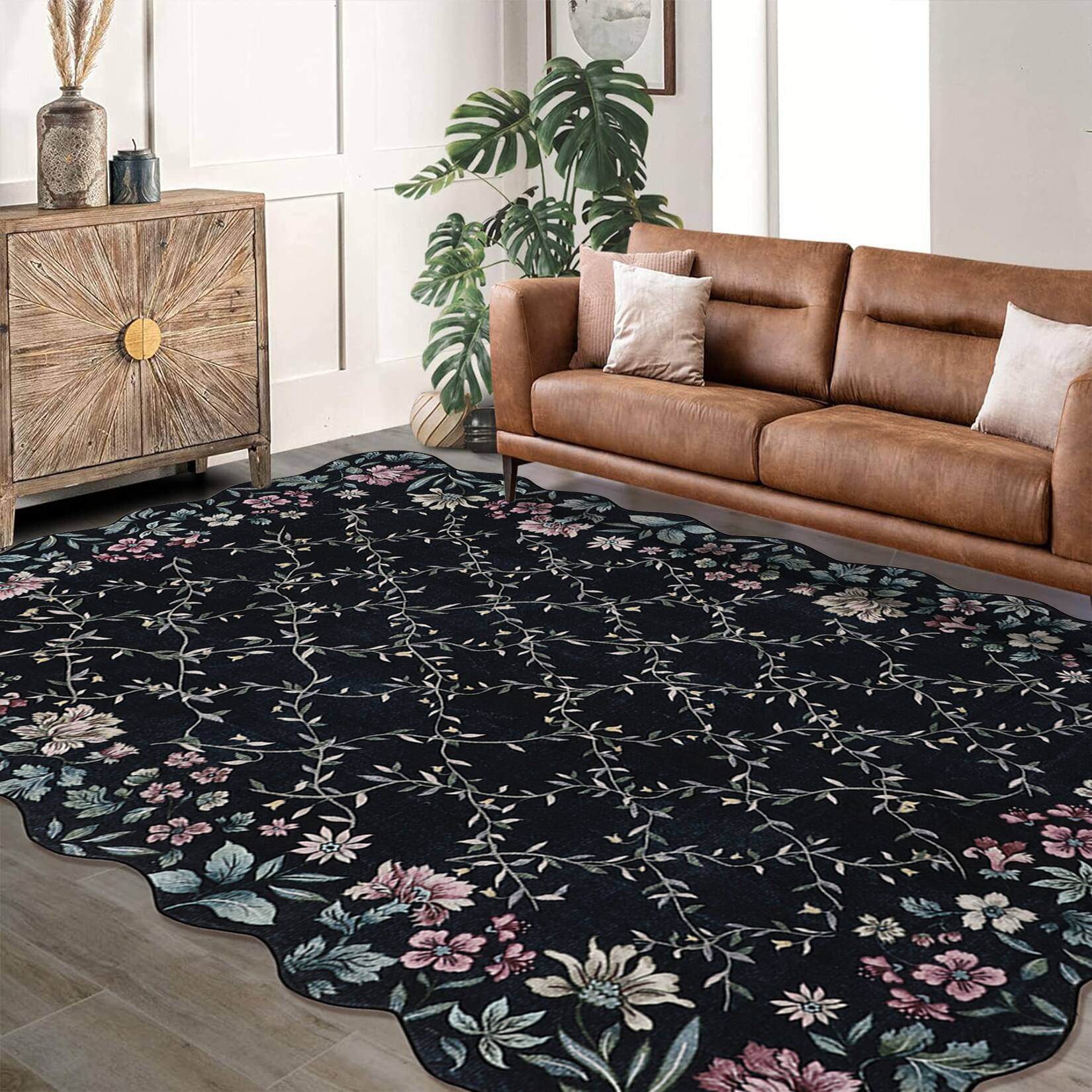 Back. Acekool - Floral Irregular Edge 5'X7' Carpet Indoor Non Slip Washable Boho Vintage Entry Rug Low Pile Throw Rugs for Entryway - Black.