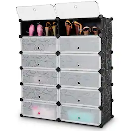 Ecooso - 12-Cube Shoe Storage Shelves DIY Portable Plastic Organizer with Transparent Doors - Black