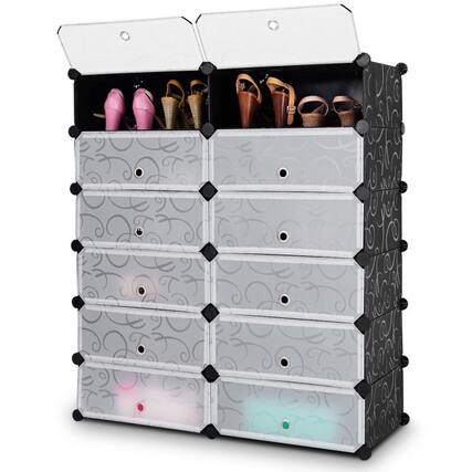 Front. Ecooso - 12-Cube Shoe Storage Shelves DIY Portable Plastic Organizer with Transparent Doors - Black.