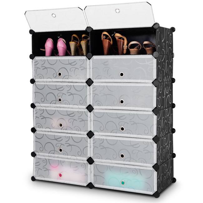 Front. Ecooso - 12-Cube Shoe Storage Shelves DIY Portable Plastic Organizer with Transparent Doors - Black.