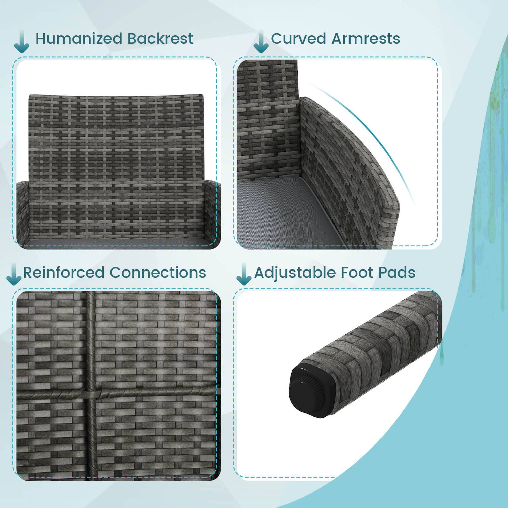 Humanized Backrest, Curved Armrests, Reinforced Connections, Adjustable Foot Pads