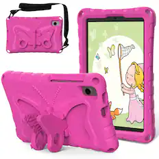 Front. Dteck - Kids Case for Samsung Galaxy Tab A9 & Tab A11 & Lenovo Tab One 8.7"2025 (TB305FU),Shockproof EVA Stand Cover+Strap - Rose.