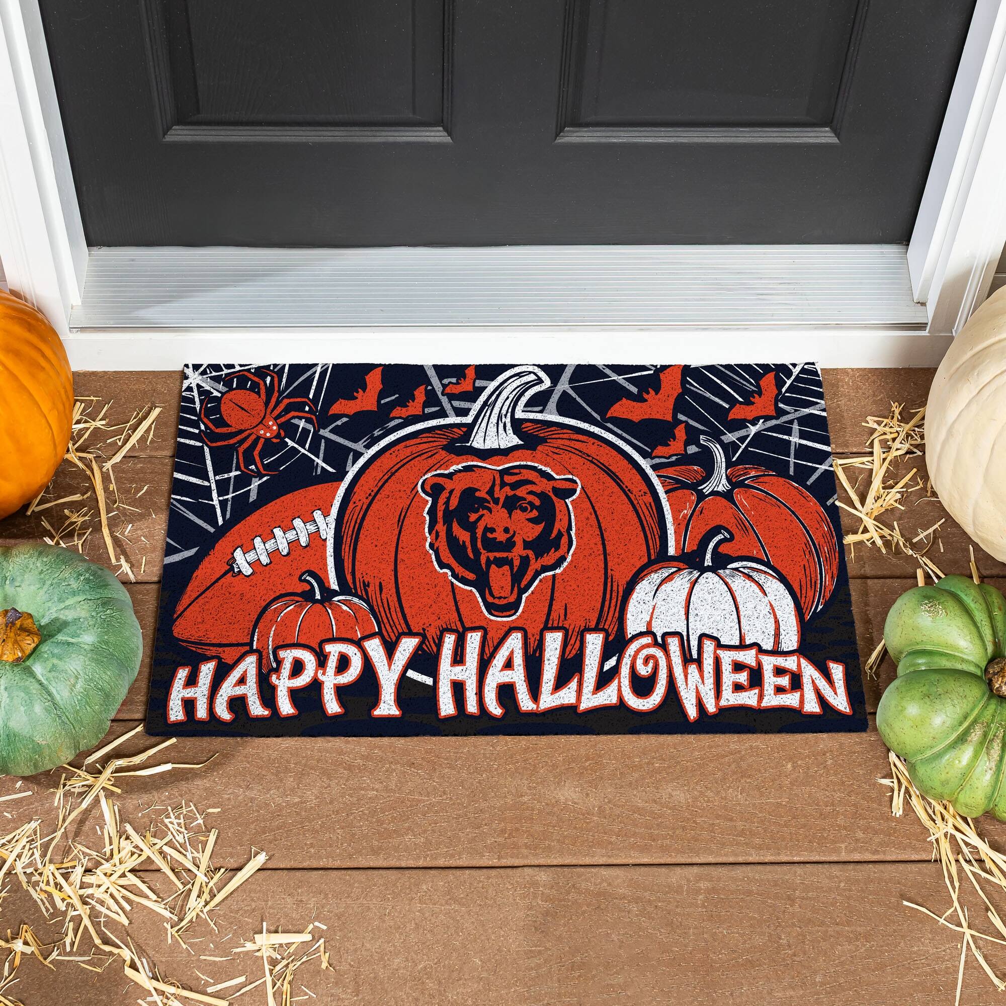 Front. Evergreen Enterprises - Chicago Bears 28" x 16" Happy Halloween Turf Door Mat - Multicolor.