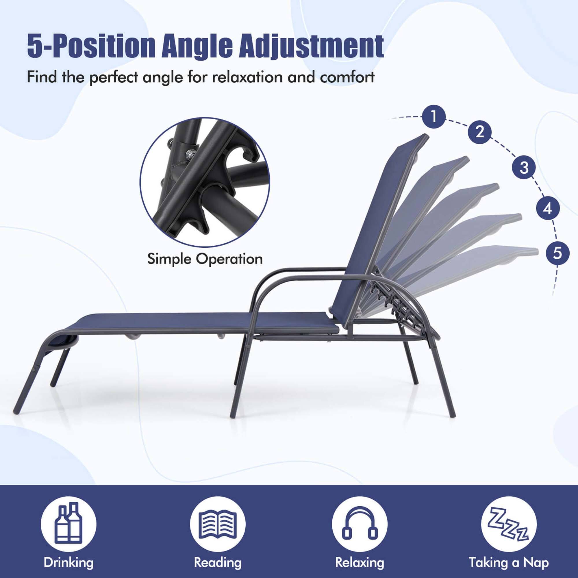 5-Position Angle Adjustment Find the perfect angle for relaxation and comfort 1 2 3 4 Simple Operation Drinking Reading Relaxing ZZZ Taking a Nap