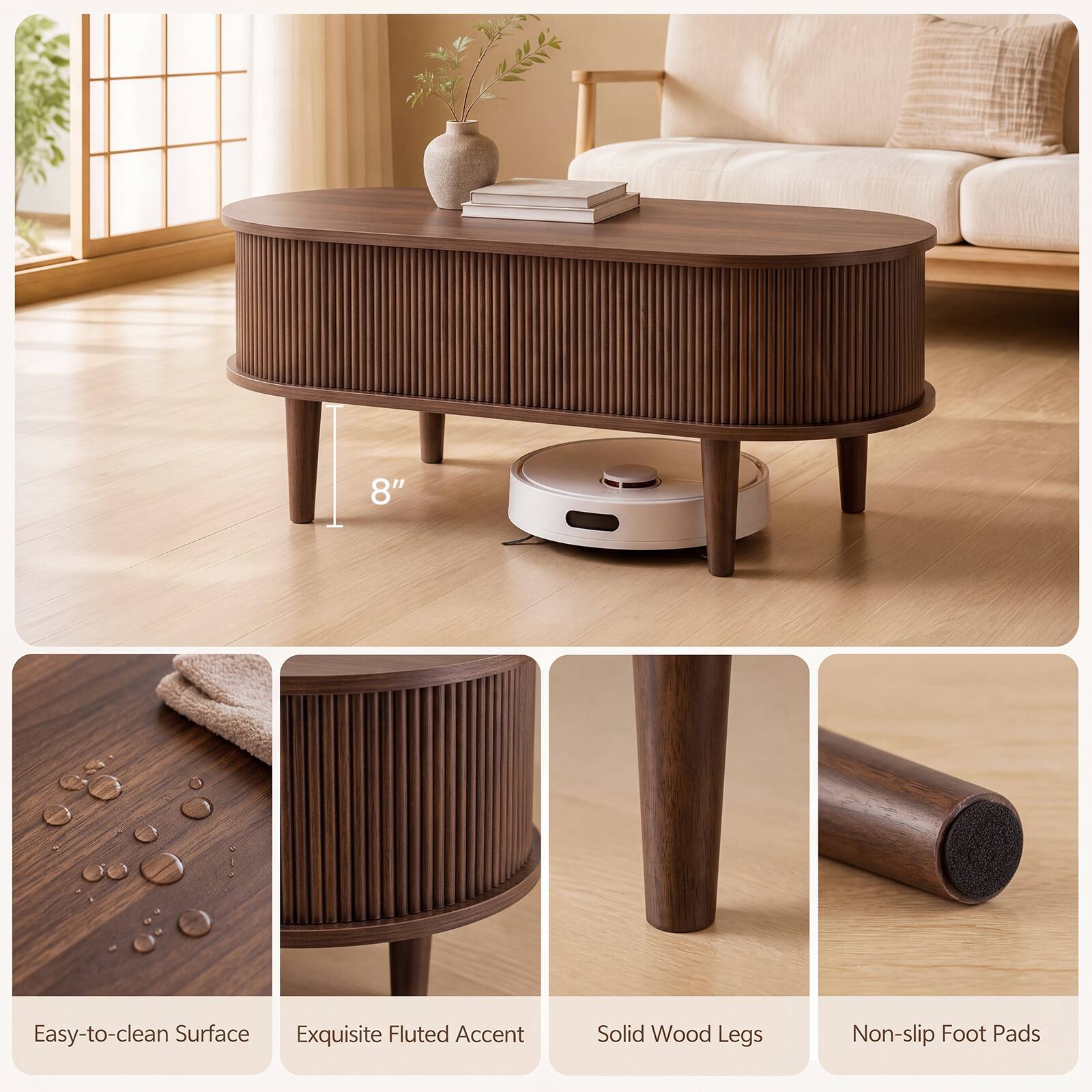 8"  
Easy-to-clean Surface  
Exquisite Fluted Accent  
Solid Wood Legs  
Non-slip Foot Pads