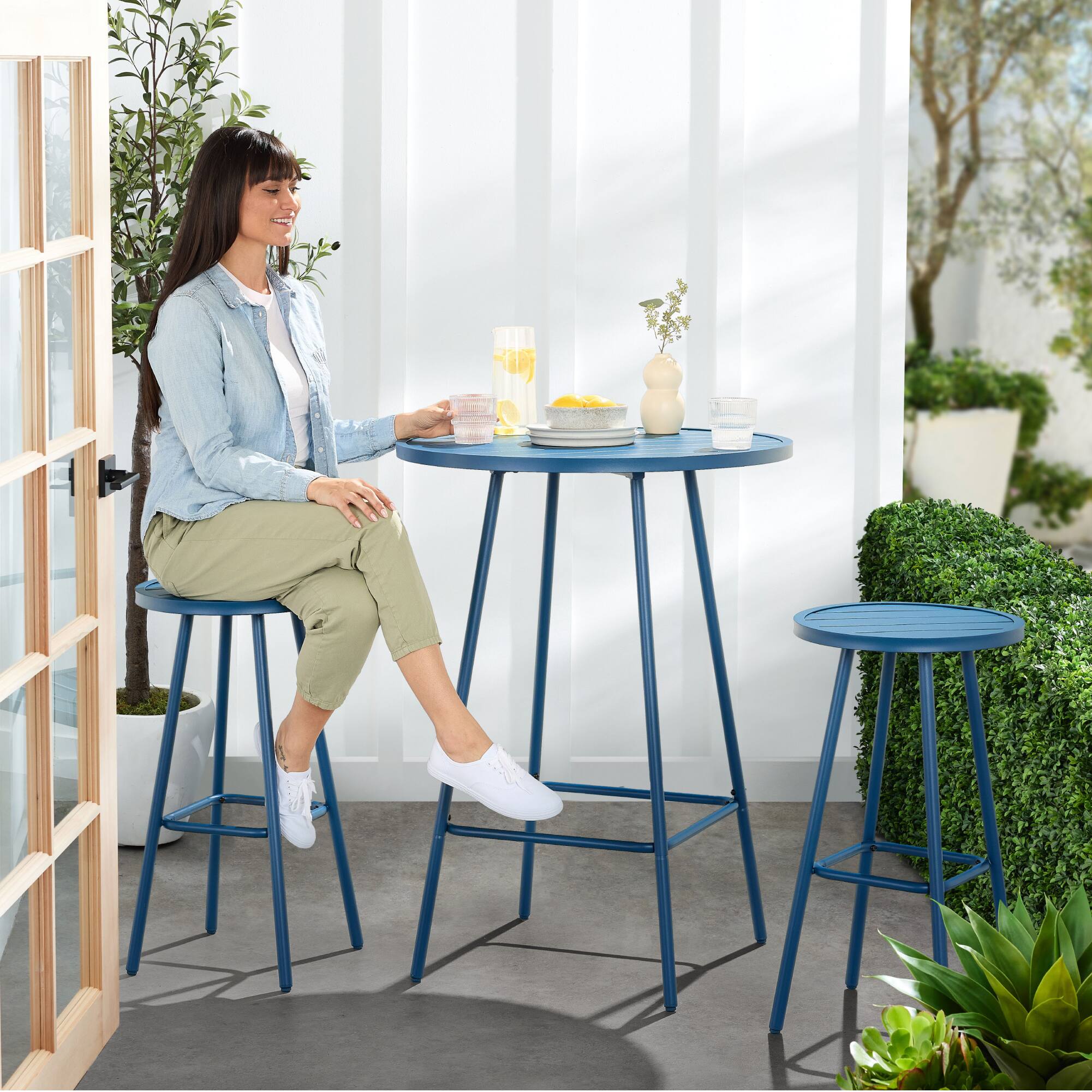Alt View 8. Best Choice Products - Best Choice Products 3-Piece Steel Patio Bar Height Round Bistro Set w/ Backless Stools, Slatted Design - Peacock Blue - Peacock Blue.