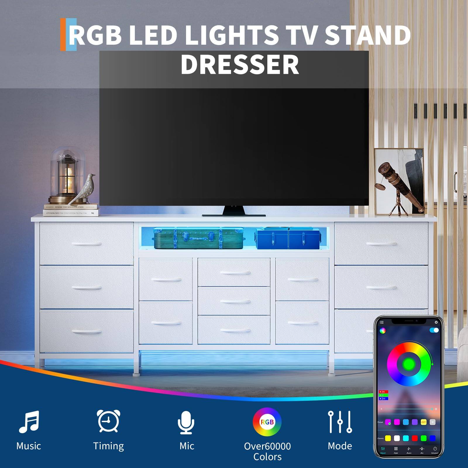 RGB LED LIGHTS TV STAND DRESSER

- Music
- Timing
- Mic
- Over 60000 Colors
- Mode
