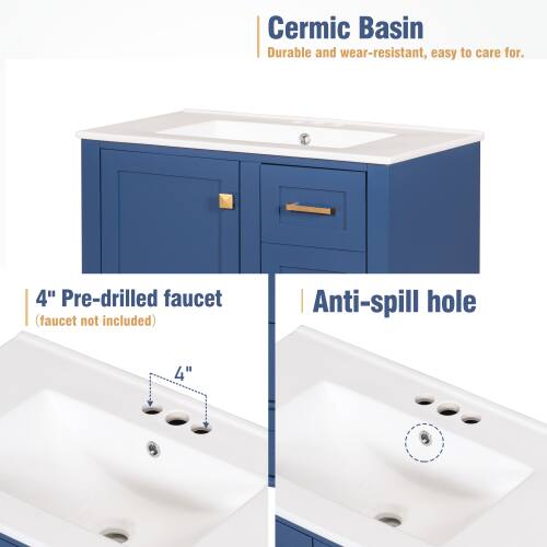 Ceramic Basin  
Durable and wear-resistant, easy to care for.  

4" Pre-drilled faucet (faucet not included) | Anti-spill hole 4"