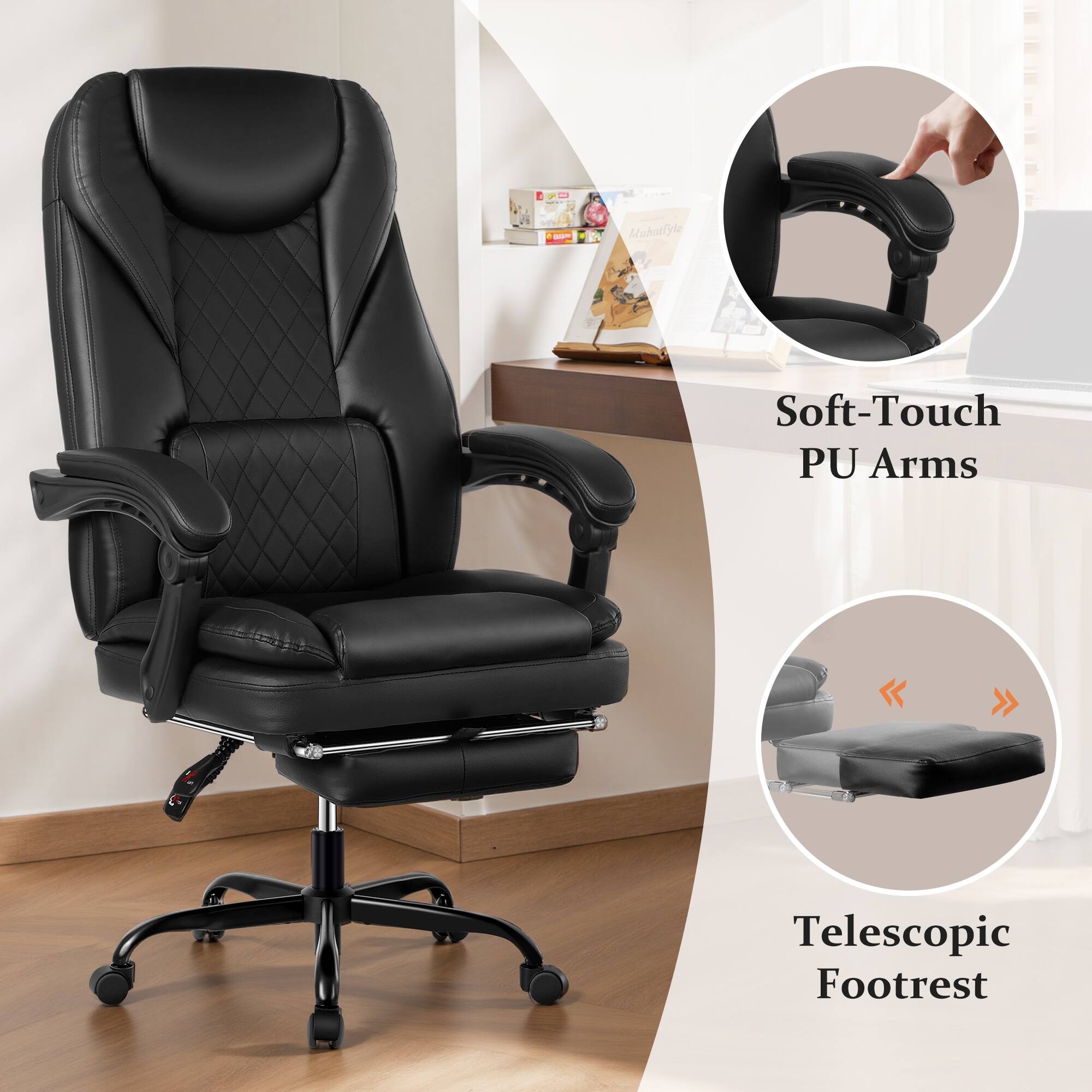 - Muhntfyle Soft-Touch PU Arms
- Telescopic Footrest