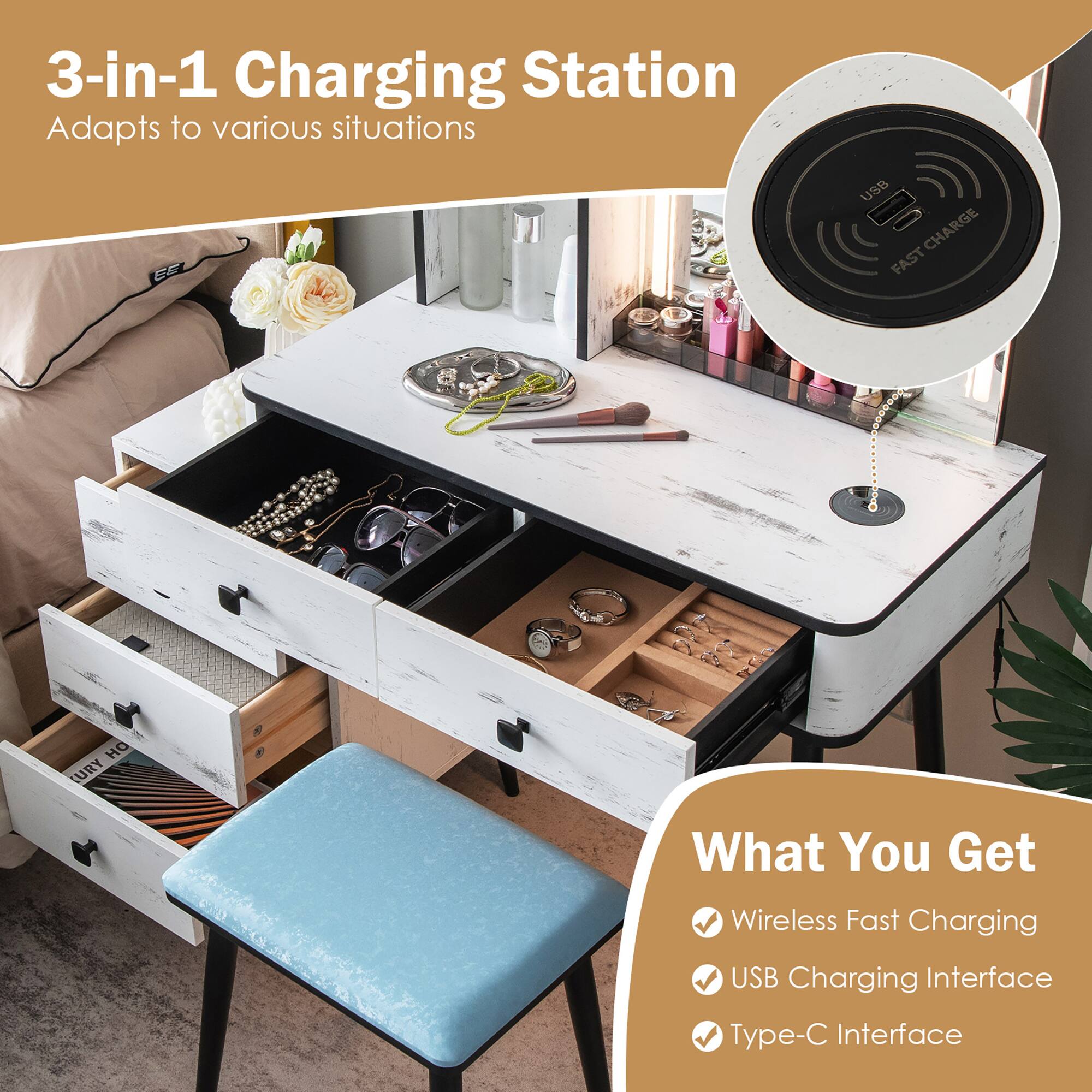 3-in-1 Charging Station  
Adapts to various situations  

What You Get  
- Wireless Fast Charging  
- USB Charging Interface  
- Type-C Interface