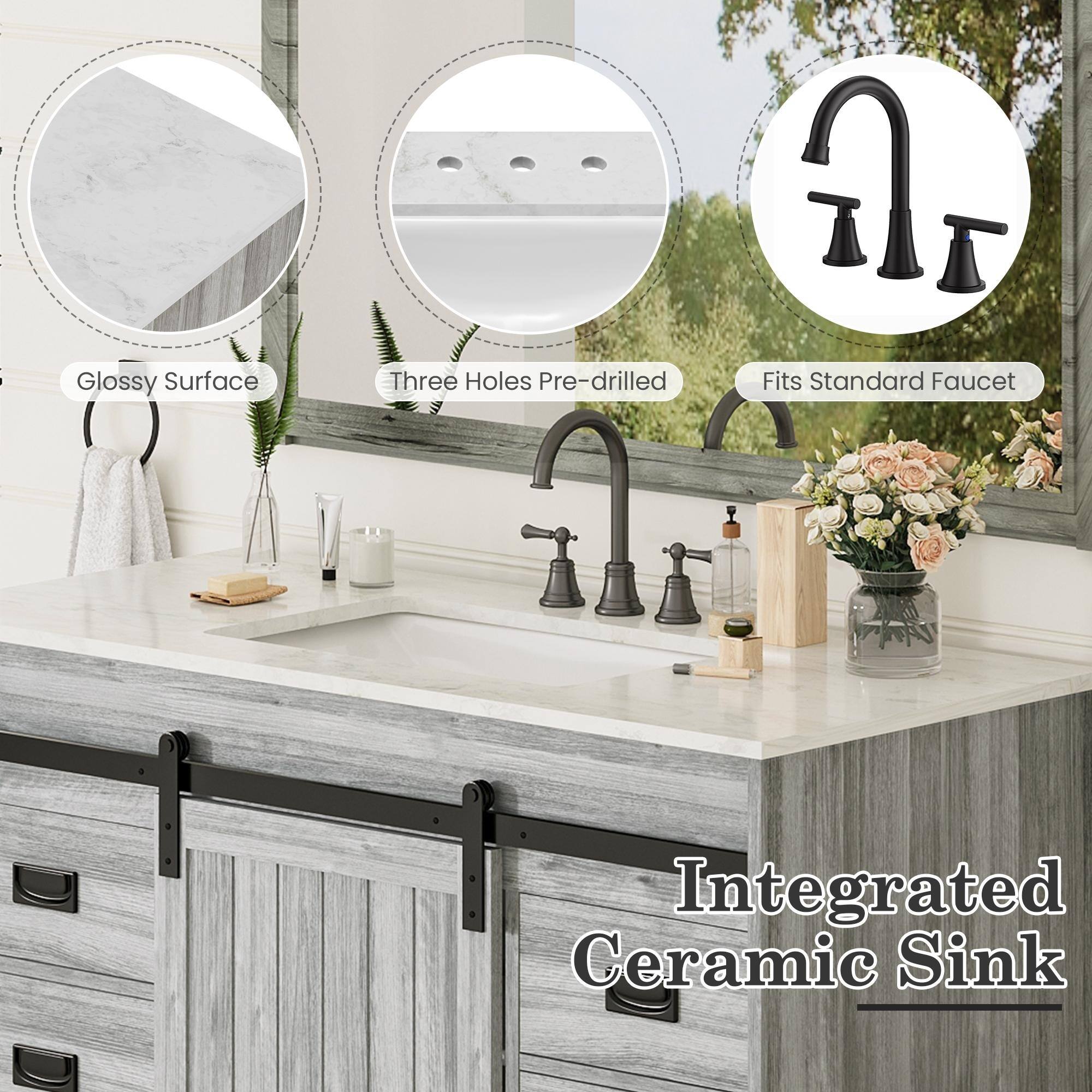 - Glossy Surface
- Three Holes Pre-drilled
- Fits Standard Faucet
- Integrated Ceramic Sink