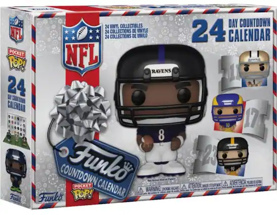 NFL, 24 VINYL COLLECTIBLES, 24 COLLECTIONS DE VINYLE, 24 COLLECTIONS DE VINILO, 24 DAY COUNTDOWN CALENDAR, POCKET, NFL, SANTS, POP!, RAVENS, 11, 24, 24 COUNTDOWN CALENDAR, 10, 17, 8, Souln, Funko, 23, W, 90, POCKET, Not Actual Size of Figure, ATTENTION: CHOKING HAZARD, ADVERTENCIA: PELIGRO DE ASPHIXIO, WARNING: CHOKING HAZARD, Funko, POP!, CALENDAR