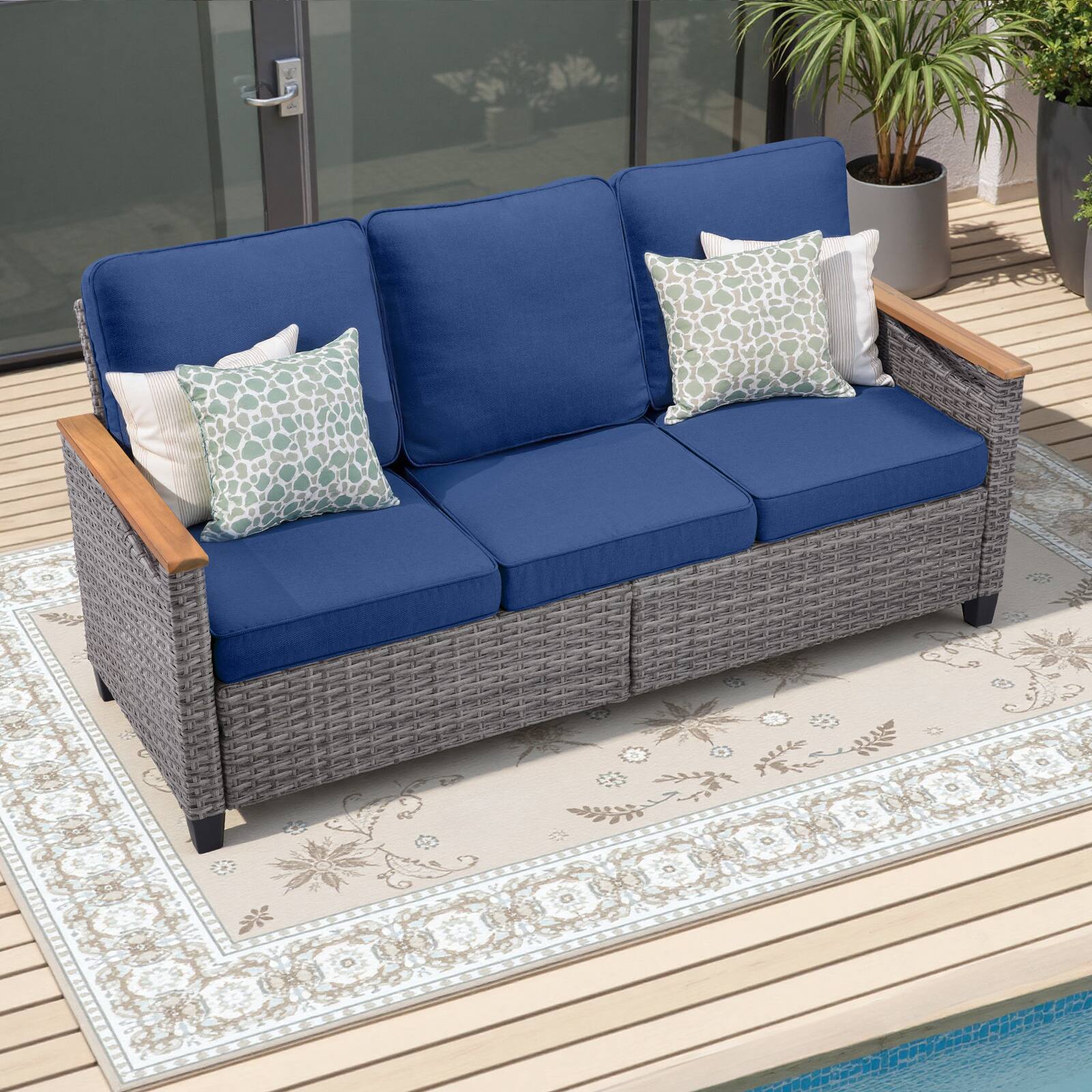 Angle. Mondawe - 69.7" Wide Outdoor Wicker Patio Sofa with Cushions - Blue+Gray.