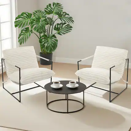 Front. Babevy - Modern Sling Accent Chair with Metal Frame, Set of 2 Upholstered Oversized Armchair with Shredded Foam Cushion - Corduroy | Beige.