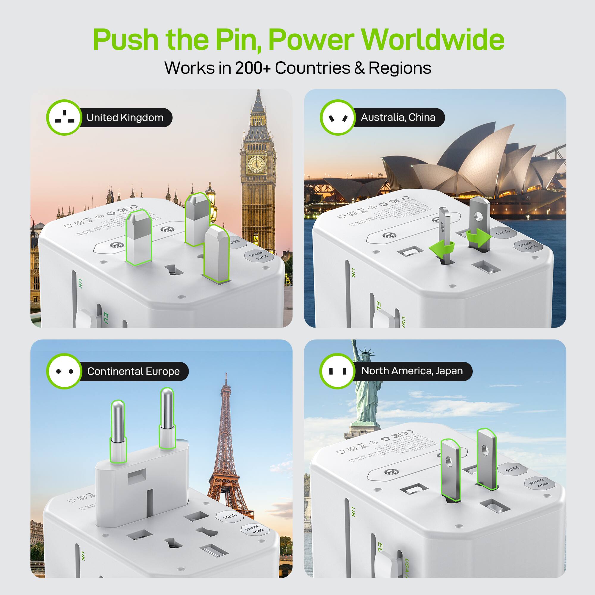 Push the Pin, Power Worldwide  
Works in 200+ Countries & Regions  

- United Kingdom  
- Australia, China  
- Continental Europe  
- North America, Japan