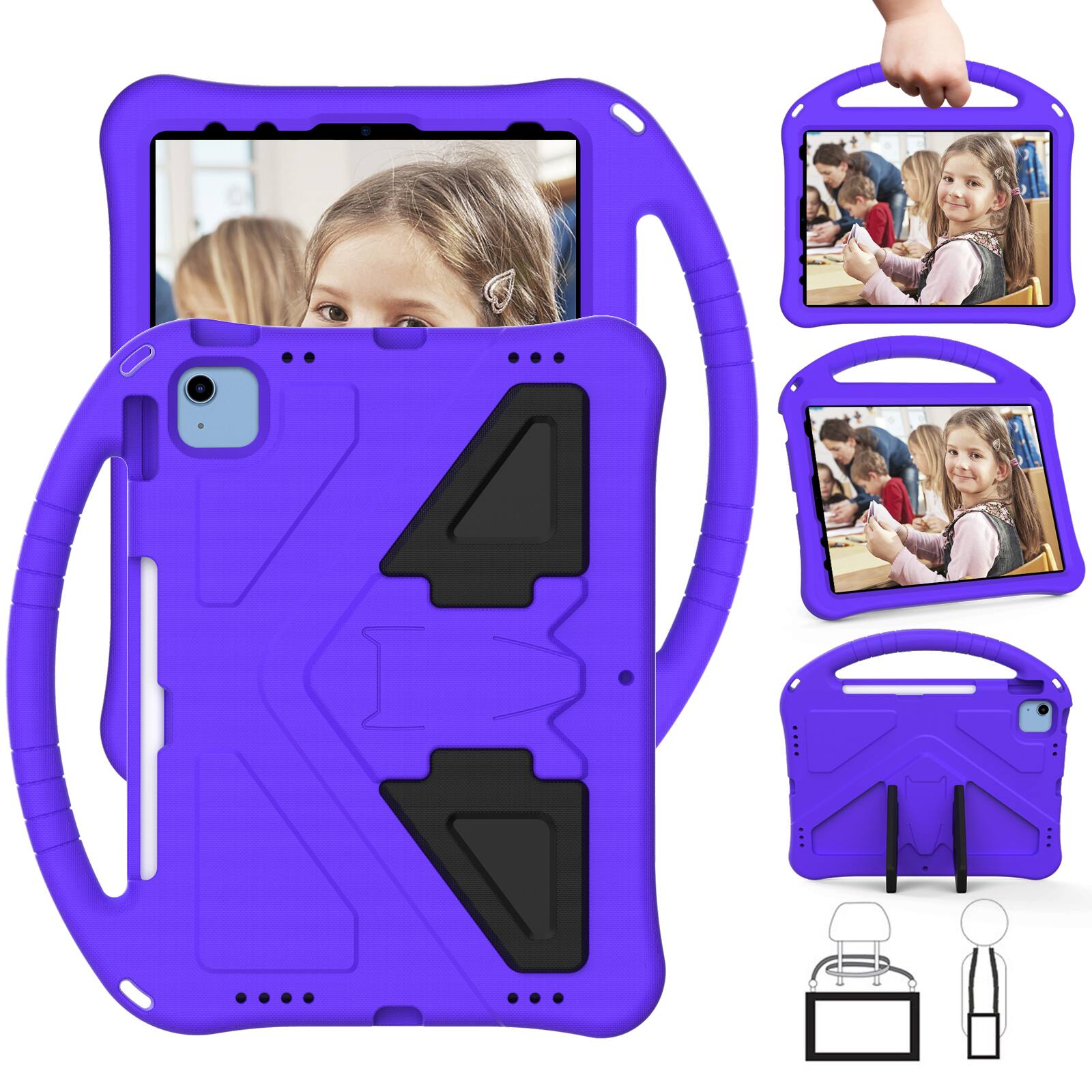 The image shows a purple tablet case with a handle. The case has a camera cutout and a kickstand. There are images of a child using the tablet inside the case.