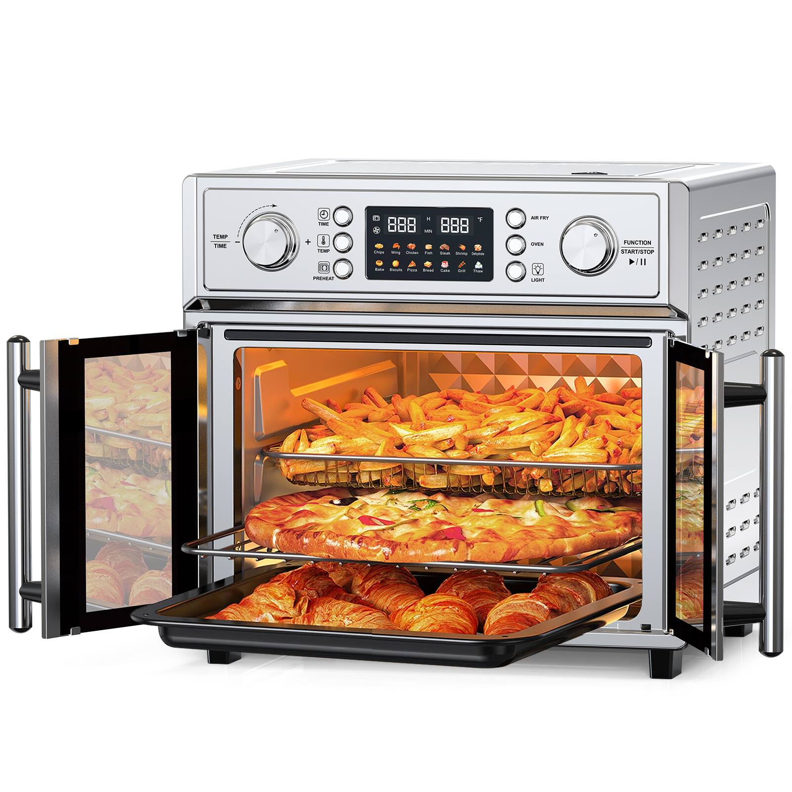 TEMP TIME  
C - - i O - I - . . . -. . - A : - . . T a . - - - - - - - 0 ! - FUNCTION START/STOP >/11 II

88 H 888 T

AIR FRY  
OVEN  
LIGHT

TEMP - TIME  
+ TEMP  
PREHEAT

FUNCTION  
START/STOP  
▼ /11