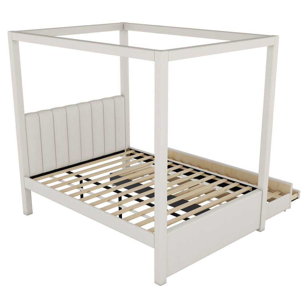 Alt View 10. Loheer - Loheer Full Size Canopy Bed Upholstered Platform Bed with Trundle and 3 Storage Drawers Beige Pine Wood Bed Frame - Beige.