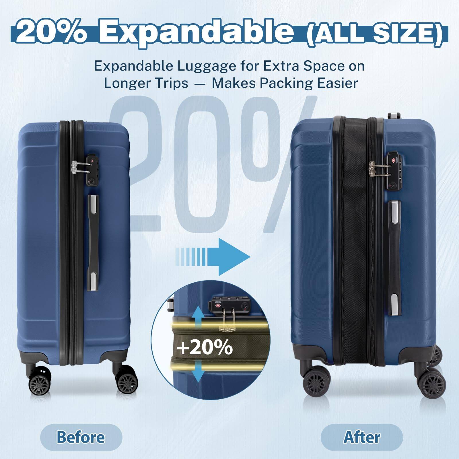 20% Expandable (ALL SIZE)  
Expandable Luggage for Extra Space on Longer Trips - Makes Packing Easier  

Before  
After  

+20%