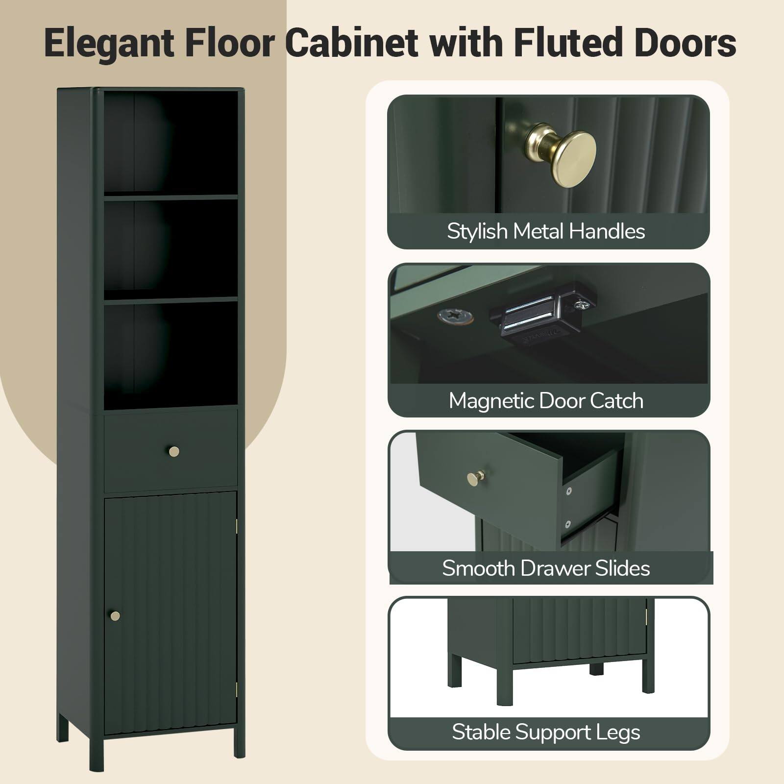 Elegant Floor Cabinet with Fluted Doors

- Stylish Metal Handles
- Magnetic Door Catch
- Smooth Drawer Slides
- Stable Support Legs