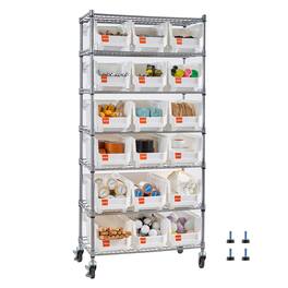VEVOR - 7-Tier Rolling Bin Storage Rack, 18 Organizer Bins, Bin Rack Storage Steel Wire Shelving System with Wheels - Silver