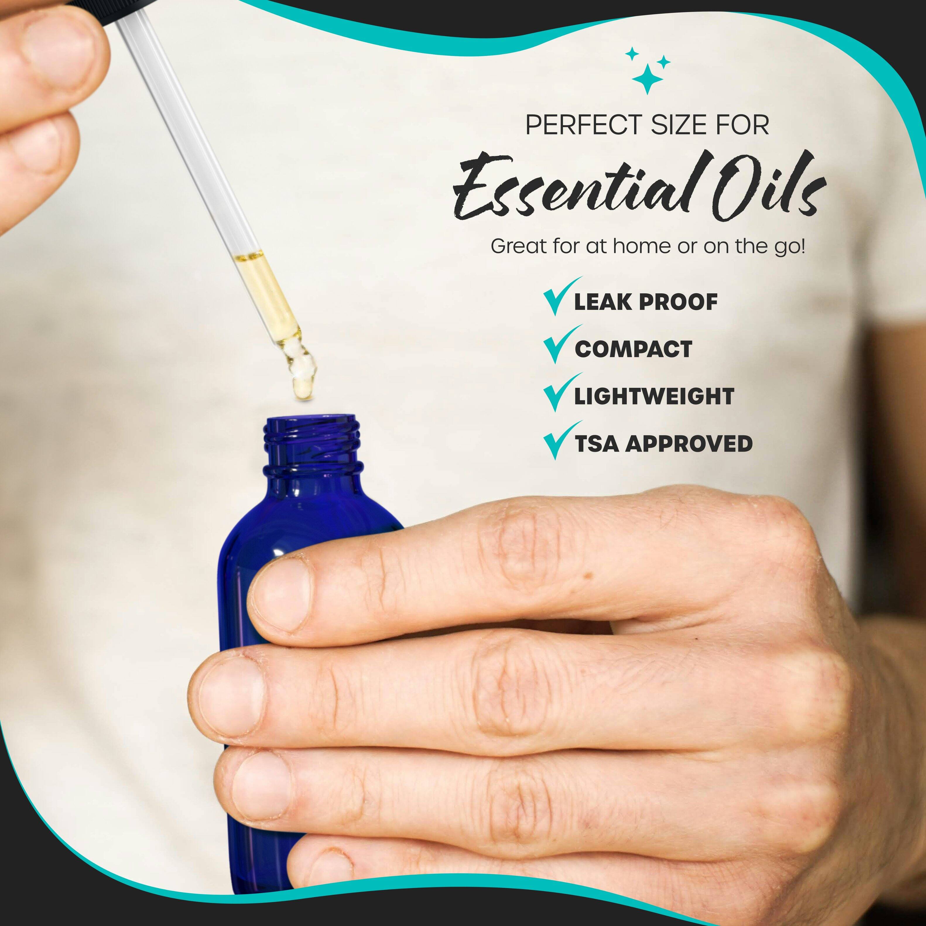PERFECT SIZE FOR Essential Oils  
Great for at home or on the go!  

- LEAK PROOF  
- COMPACT  
- LIGHTWEIGHT  
- TSA APPROVED