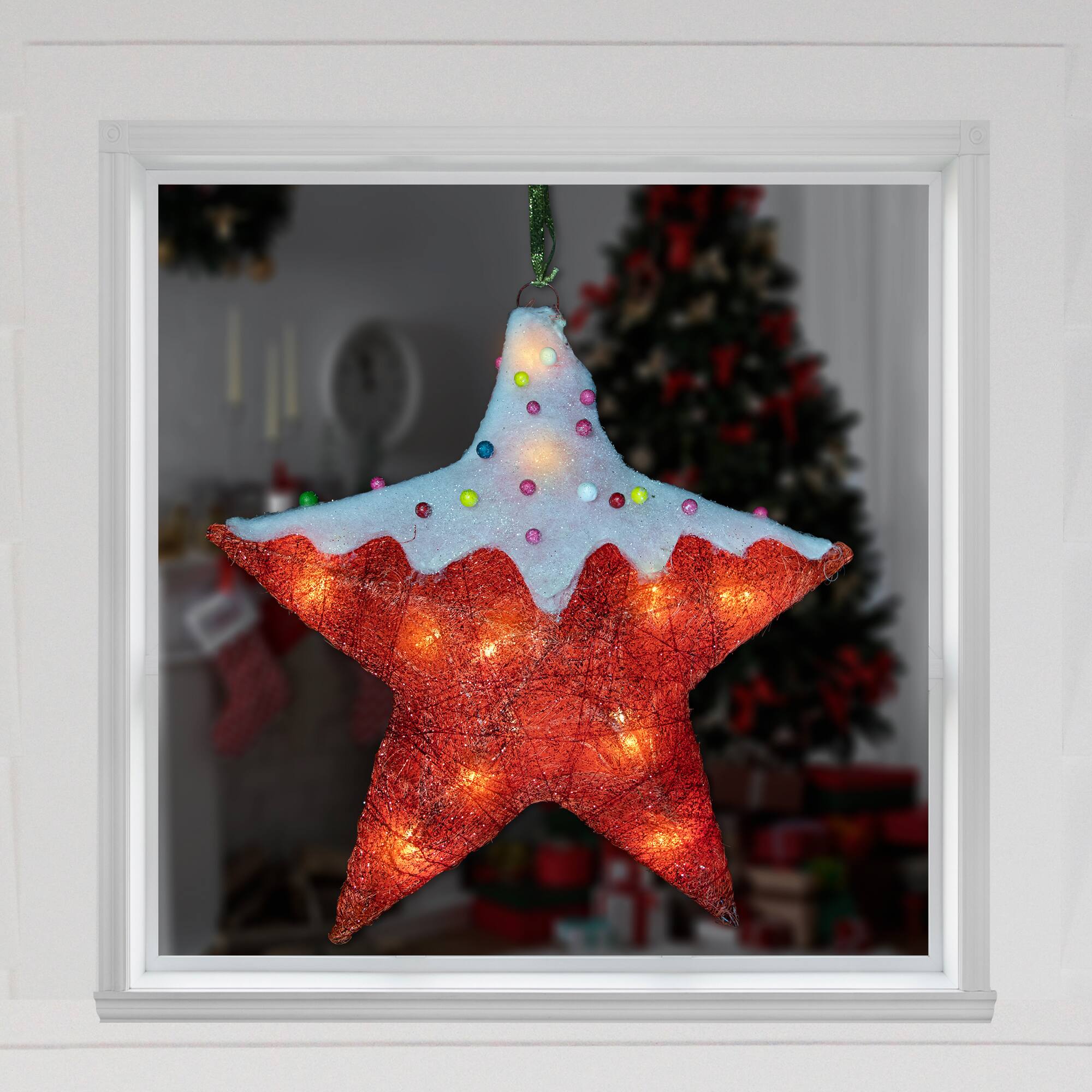Alt View 2. Northlight - Lighted Candy Covered Sisal Star Christmas Window Decoration - 18" - Clear Lights - Red.