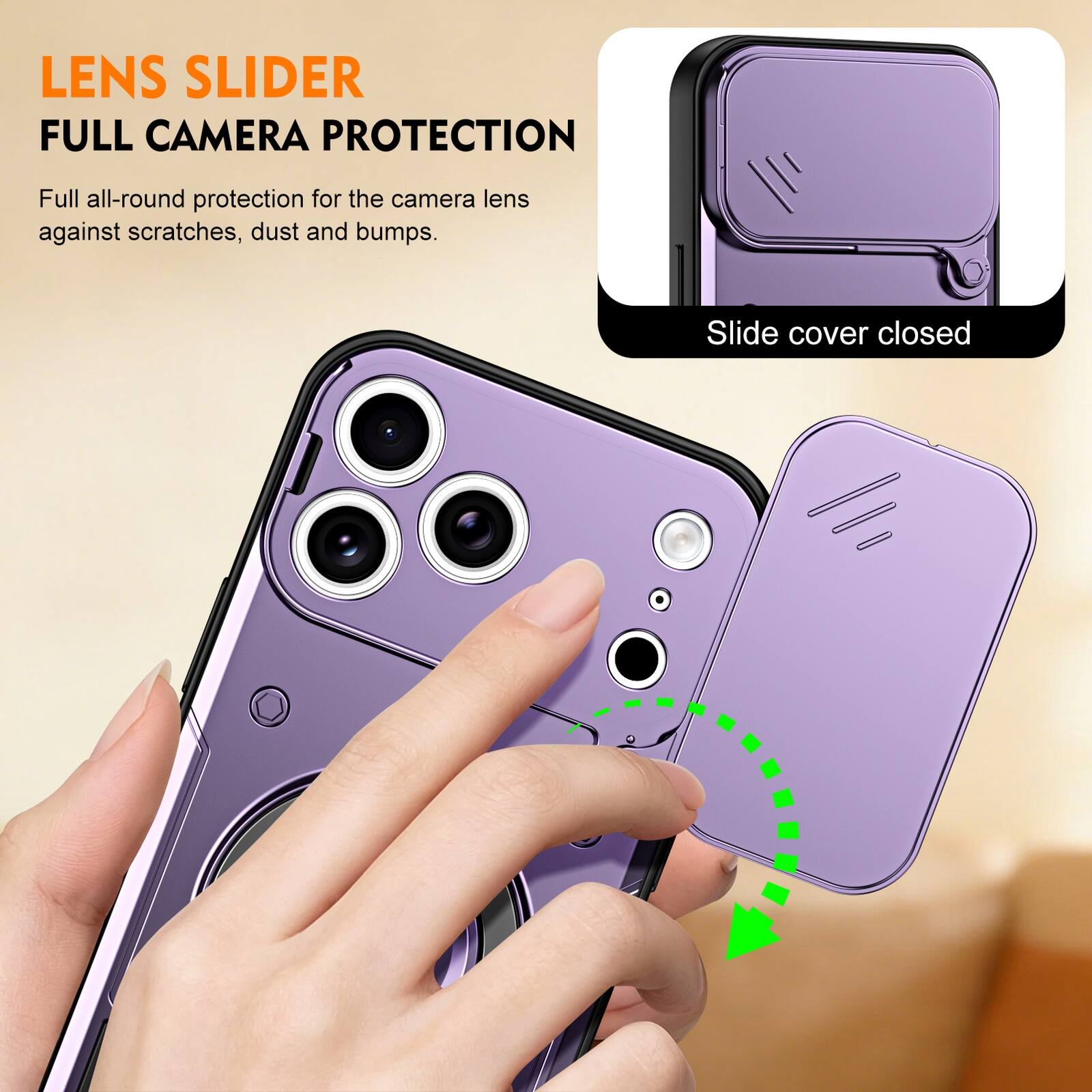 LENS SLIDER  
FULL CAMERA PROTECTION  

Full all-round protection for the camera lens against scratches, dust and bumps.  

Slide cover closed