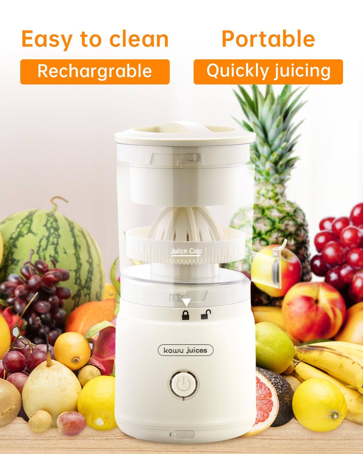 Easy to clean  
Rechargeable  
Portable  
Quickly juicing  

Juice Cap  

kawu juices