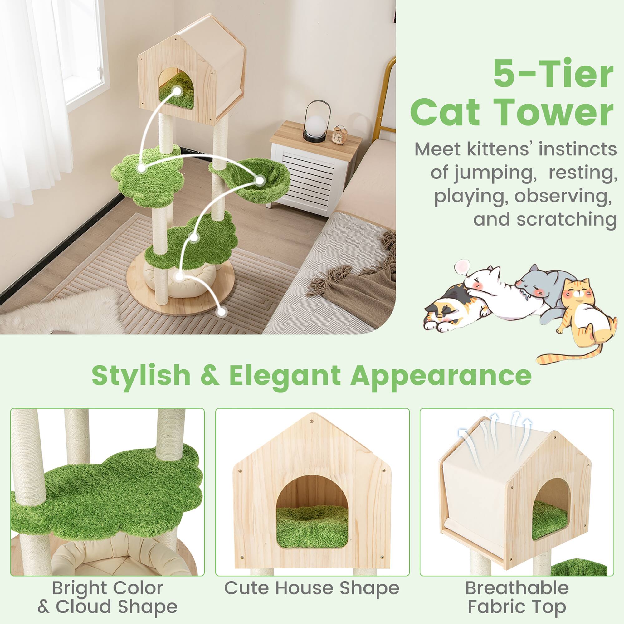 5-Tier Cat Tower  
Meet kittens' instincts of jumping, resting, playing, observing, and scratching  

Stylish & Elegant Appearance  
Bright Color & Cloud Shape  
Cute House Shape  
Breathable Fabric Top
