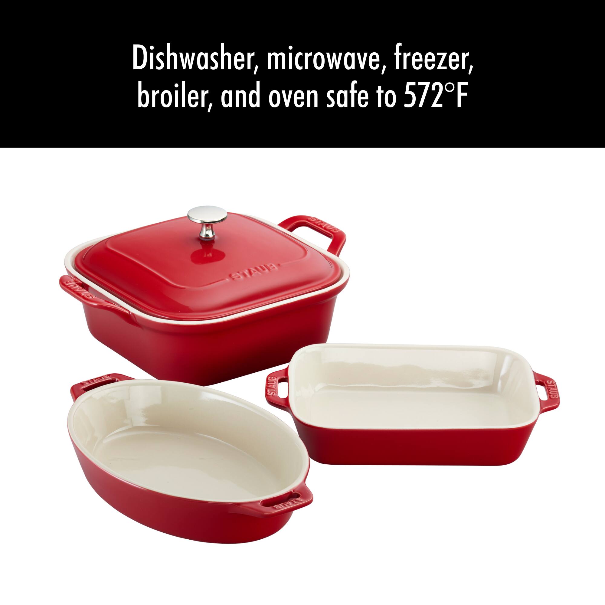 Dishwasher, microwave, freezer, broiler, and oven safe to 572°F