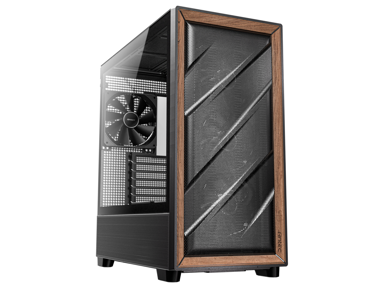Antec - FLUX Wood, 5 PWM Fans, Walnut Front, Type-C, 420mm Radiator, Back Connect, Up to 9 Fans, Mid-Tower E-ATX Case - Walnut