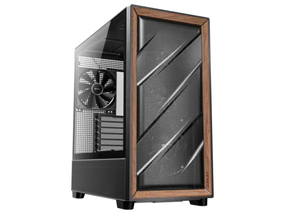 Front. Antec - Antec FLUX Wood, 5 PWM Fans, Walnut Front, Type-C, 420mm Radiator, Back Connect, Up to 9 Fans, Mid-Tower E-ATX Case - Walnut.