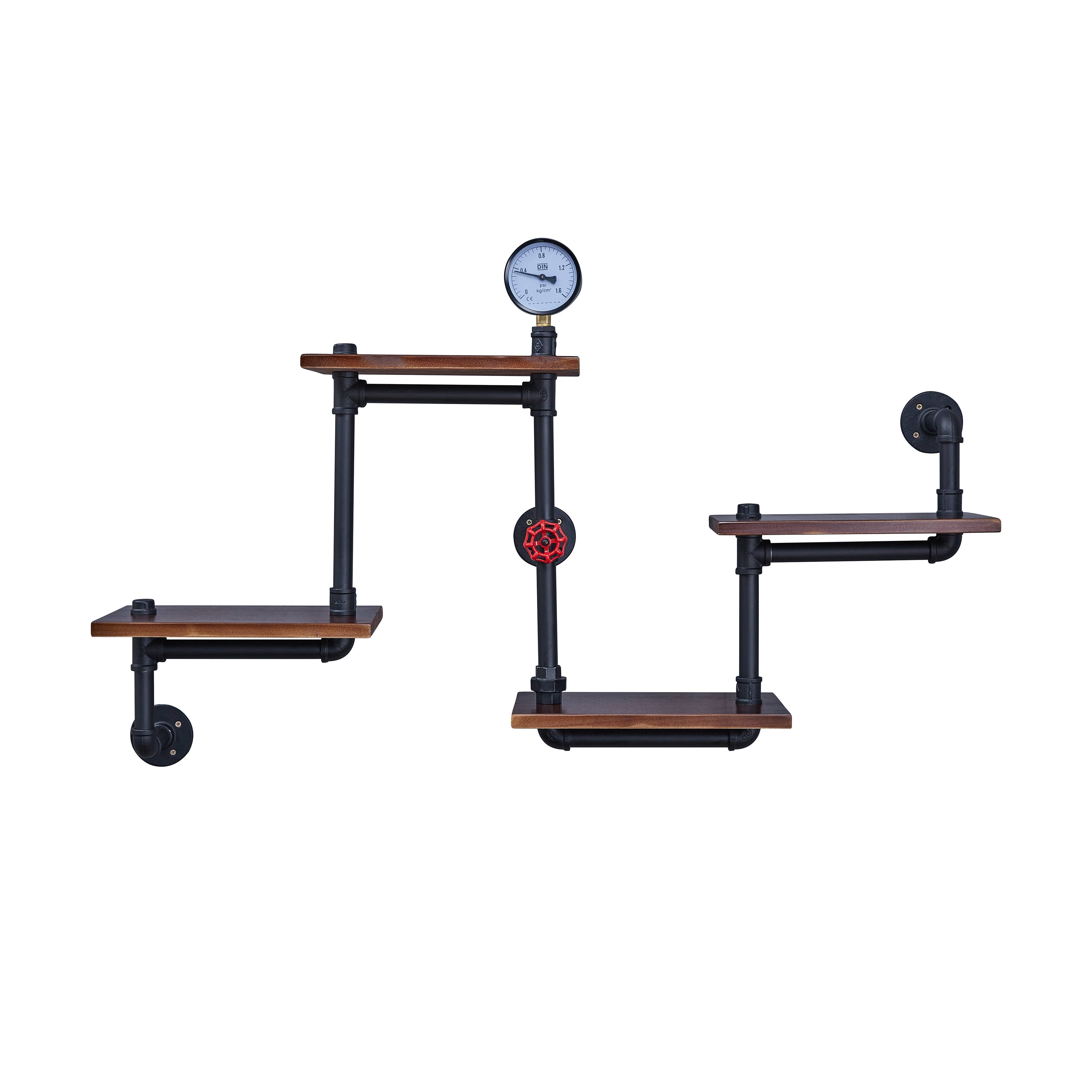 Front. Danya B - 4-Tier Corner Or Straight Staggered Industrial Pipe Wall Shelf - Dark Chestnut.