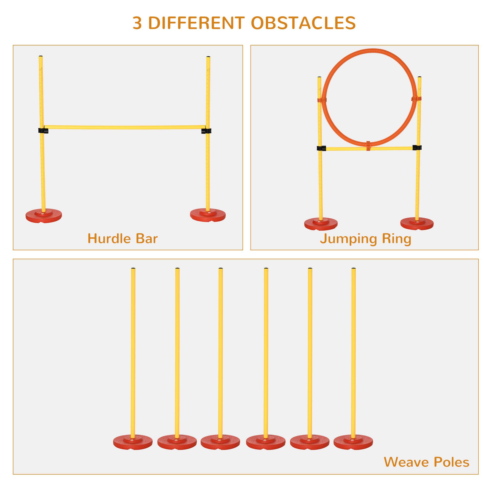 3 DIFFERENT OBSTACLES

- Hurdle Bar
- Jumping Ring
- Weave Poles
