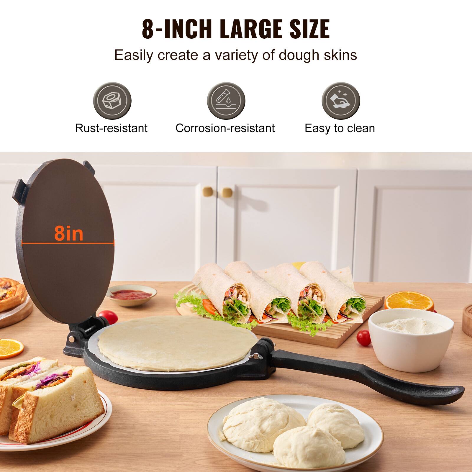 8-INCH LARGE SIZE  
Easily create a variety of dough skins  

- Rust-resistant  
- Corrosion-resistant  
- Easy to clean  

8in