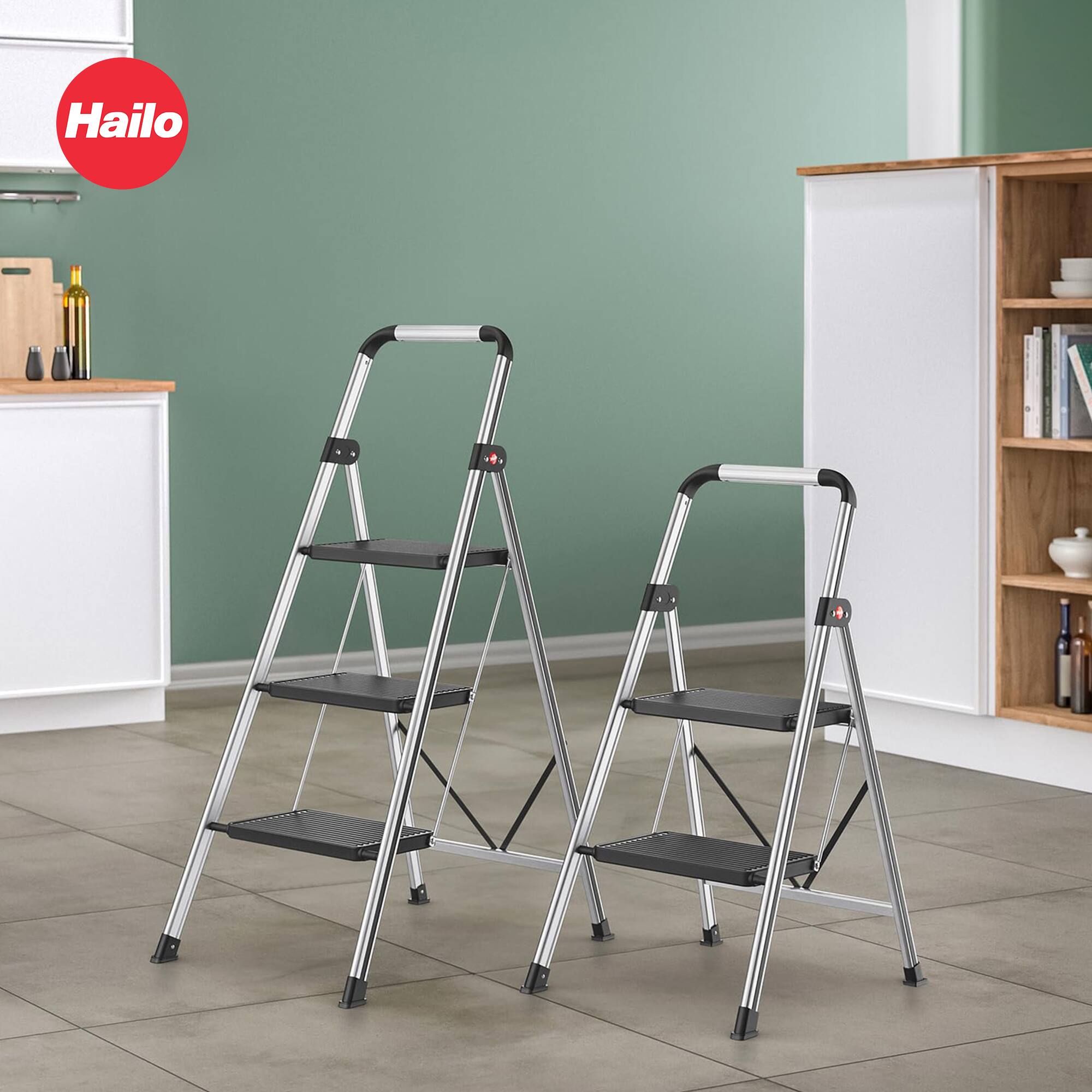 Alt View 3. Hailo - Hailo Folding Step Stool, Non-Slip 3 Step Ladder for Home & Kitchen, K71, Silver - Metal & Black.