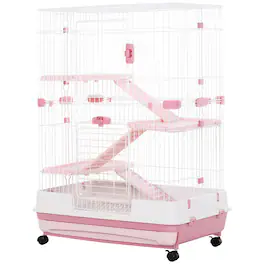 Pawhut - 4-Level Small Animal Cage Rabbit Hutch with Wheels, Slide-out Tray for Bunny, Chinchillas