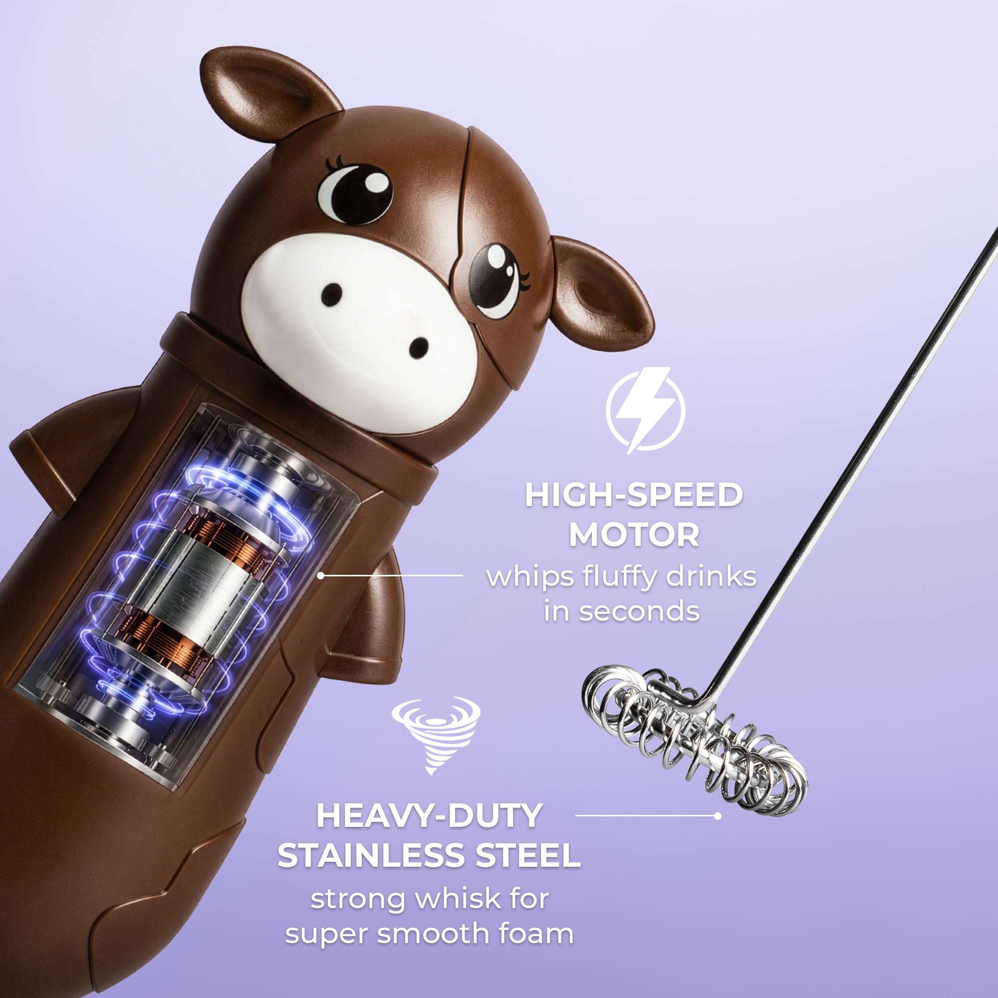 HIGH-SPEED MOTOR whips fluffy drinks in seconds  
HEAVY-DUTY STAINLESS STEEL strong whisk for super smooth foam
