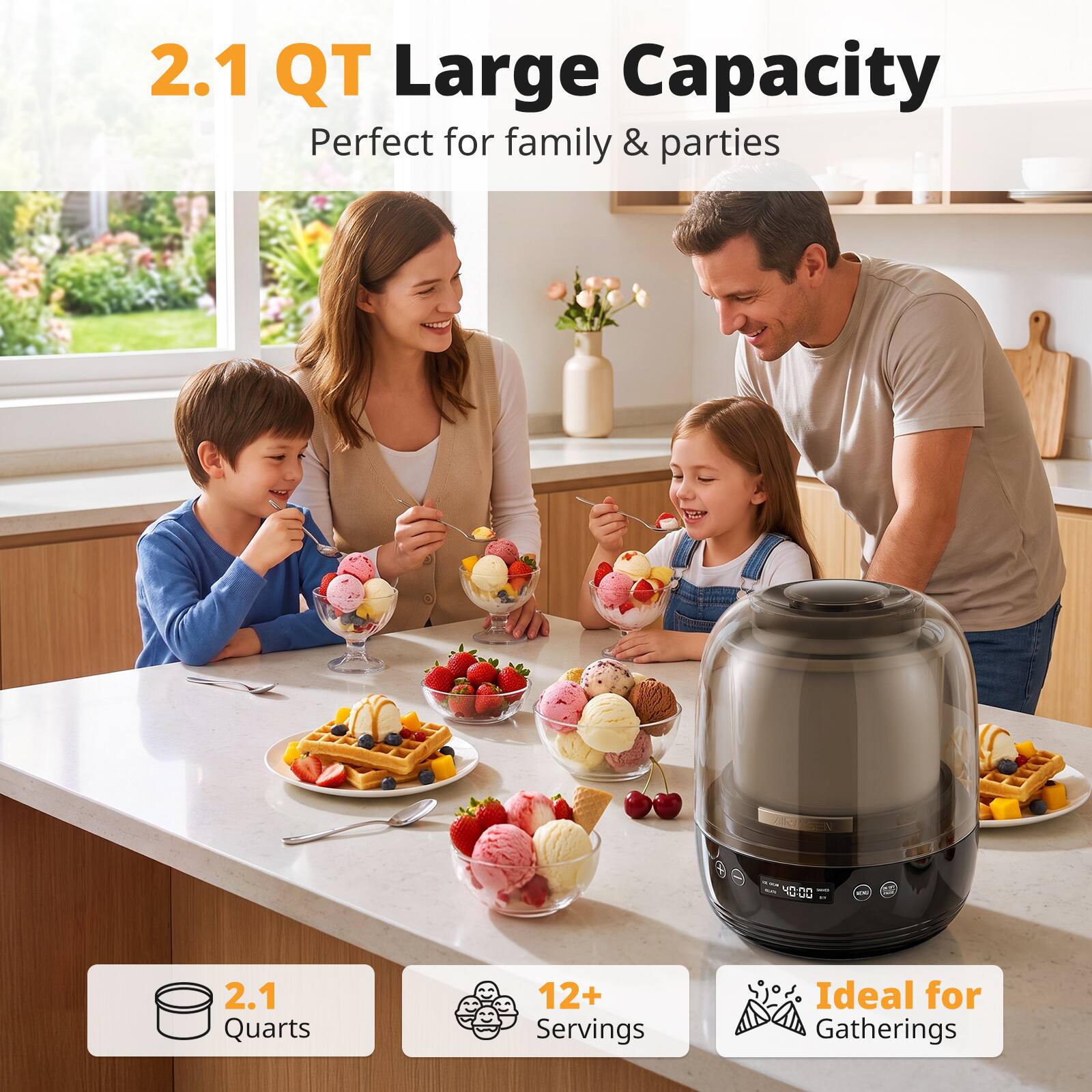 2.1 QT Large Capacity  
Perfect for family & parties

2.1 Quarts  
12+ Servings  
Ideal for Gatherings