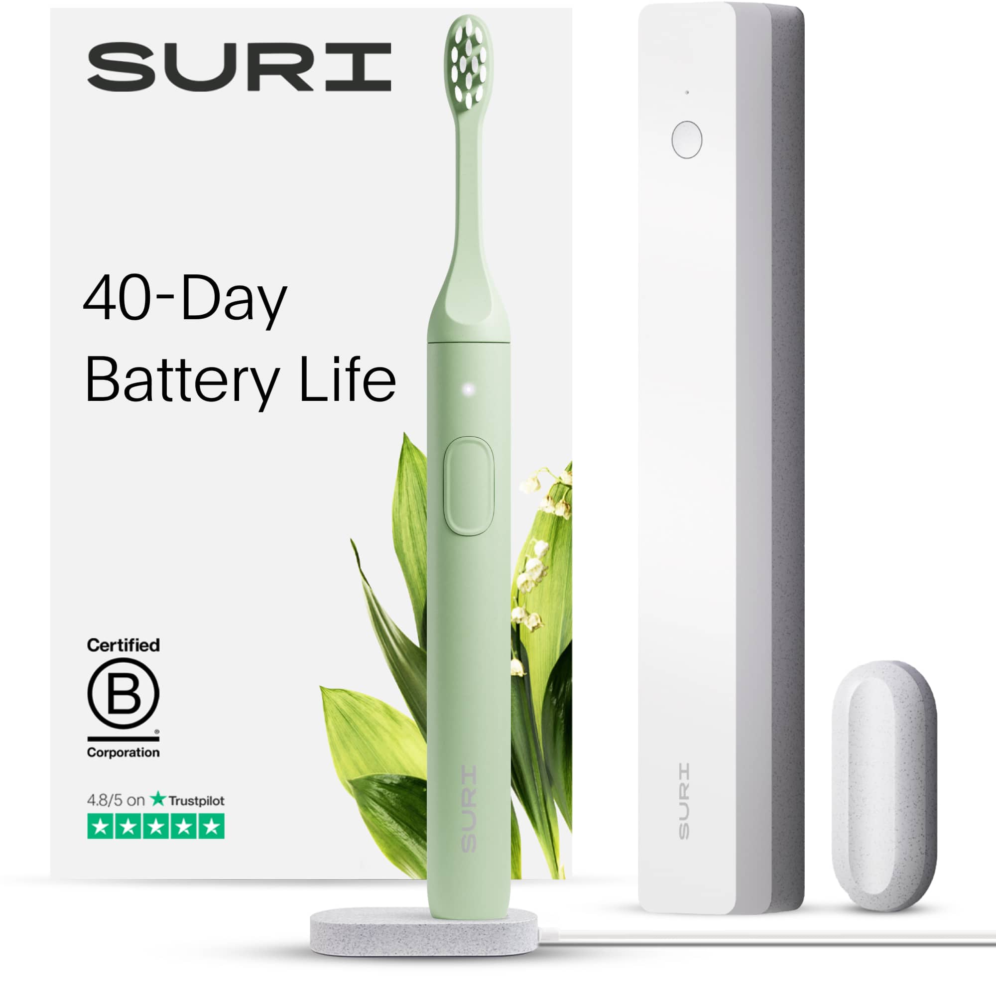 SURI - Winter Fern Brush with UV Light Cleaning and Charging Case and Mirror Mount - Green