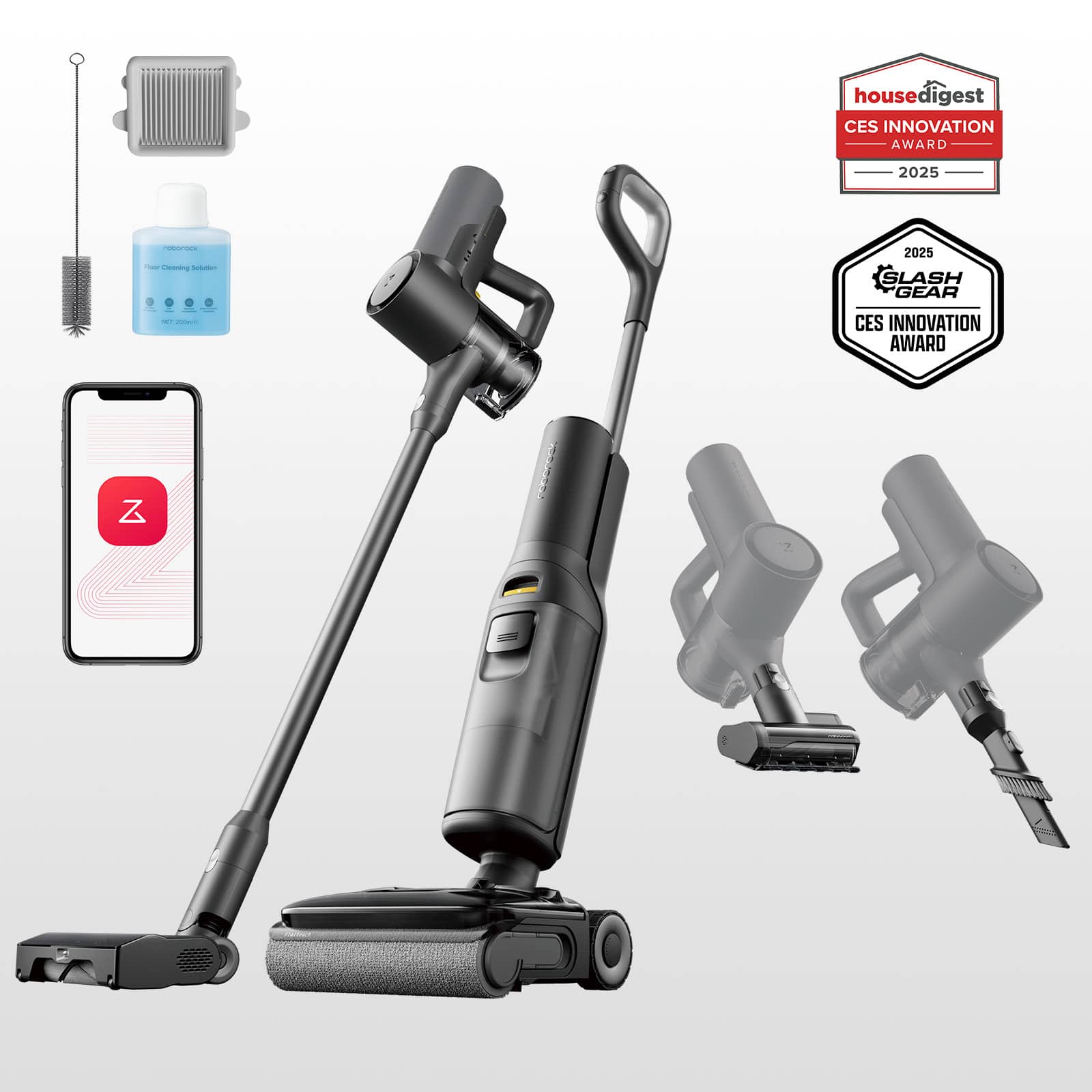 The image features a robotic vacuum cleaner with a detachable handheld vacuum. The product is showcased with a CES Innovation Award, indicating its innovative design and features. The vacuum cleaner is displayed in various positions, including a close-up view and a side view. The product also comes with a charging station and a remote control, making it a convenient and efficient cleaning solution for users.