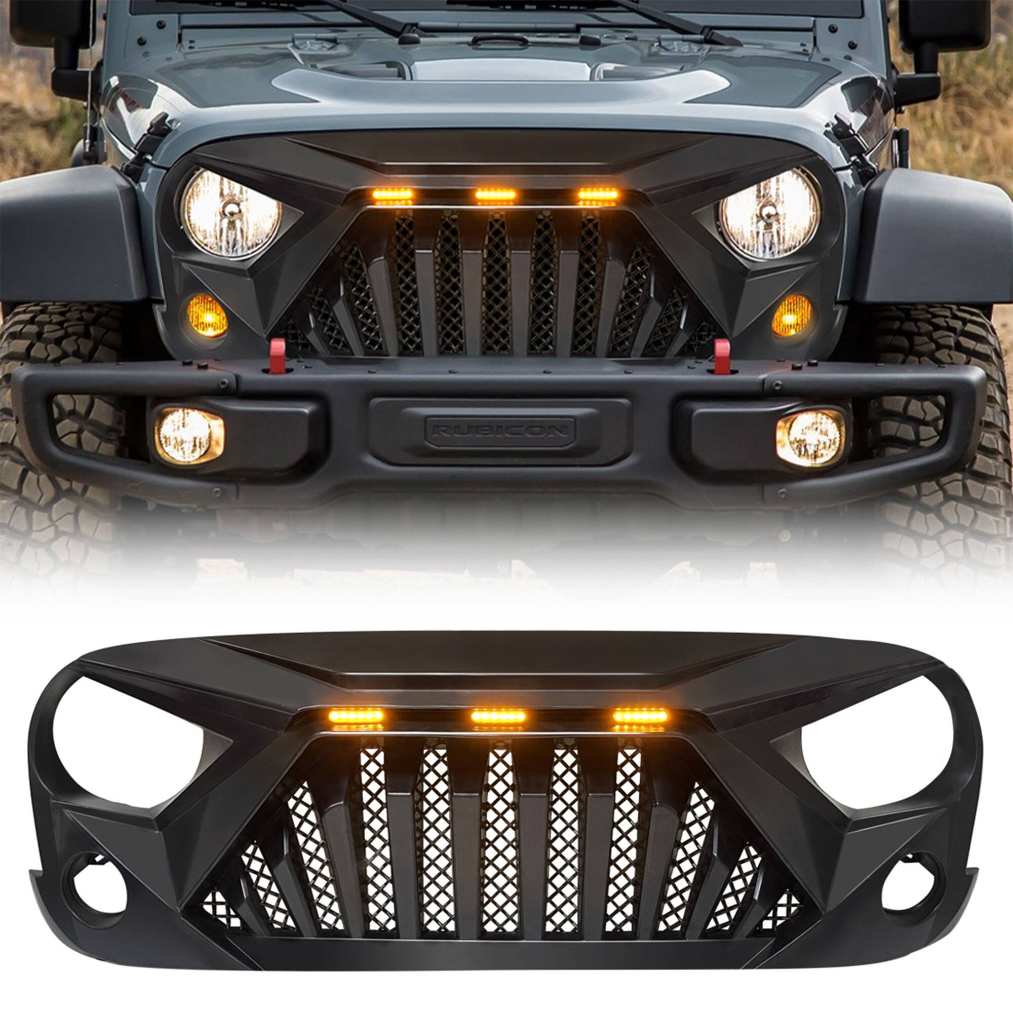Front. AMERICAN MODIFIED - AMERICAN MODIFIED Front Goliath Grill Compatible w/ 2007-18 Jeep Wrangler JK - Matte Black.